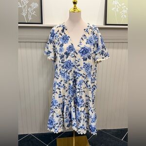 Chelsea28 Blue and Cream Floral Mini Dress Cotton Pockets 1X